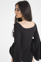 Black Bardot Bell Sleeve Bodysuit - Evelyn-Bodysuits
