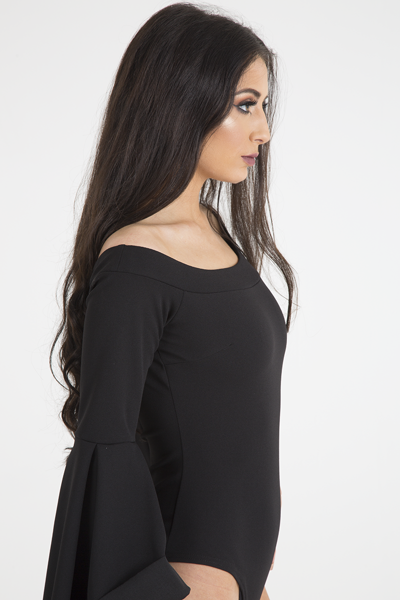 Black Bardot Bell Sleeve Bodysuit - Evelyn-Bodysuits