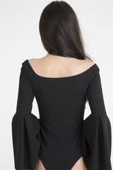 Black Bardot Bell Sleeve Bodysuit - Evelyn-Bodysuits