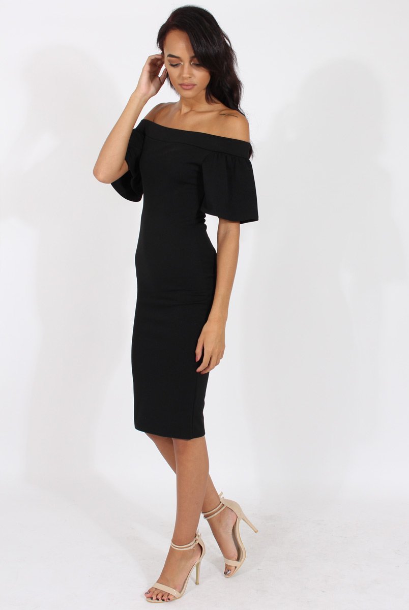 Black Bardot Bodycon Midi Dress - Cecilia-Dresses