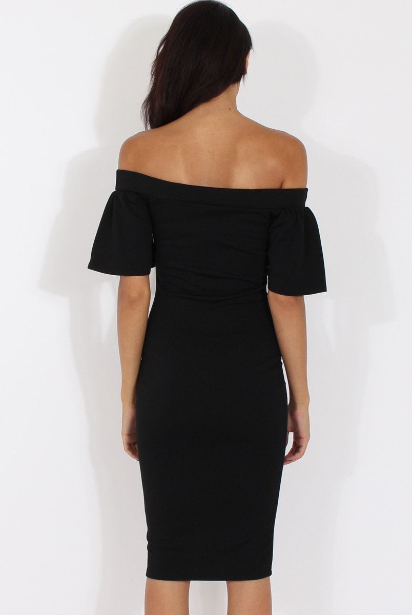 Black Bardot Bodycon Midi Dress - Cecilia-Dresses