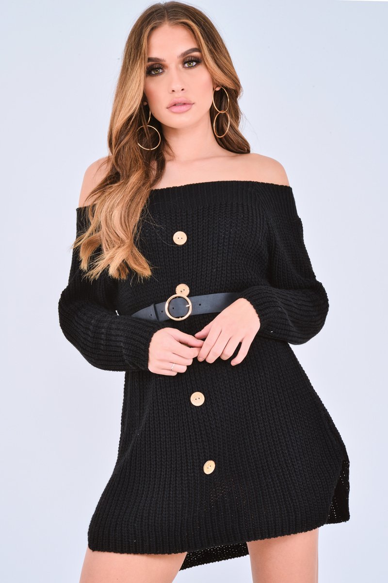 Black Bardot Button Front Chunky Knit Jumper Dress - Syanna-Dresses