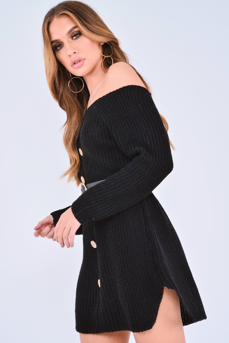 Black Bardot Button Front Chunky Knit Jumper Dress - Syanna-Dresses