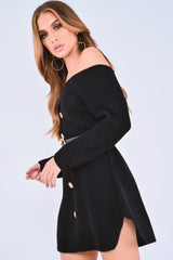 Black Bardot Button Front Chunky Knit Jumper Dress - Syanna-Dresses