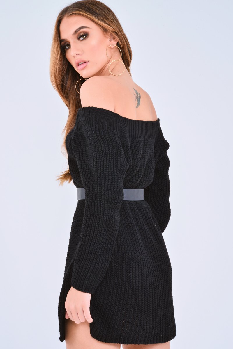 Black Bardot Button Front Chunky Knit Jumper Dress - Syanna-Dresses