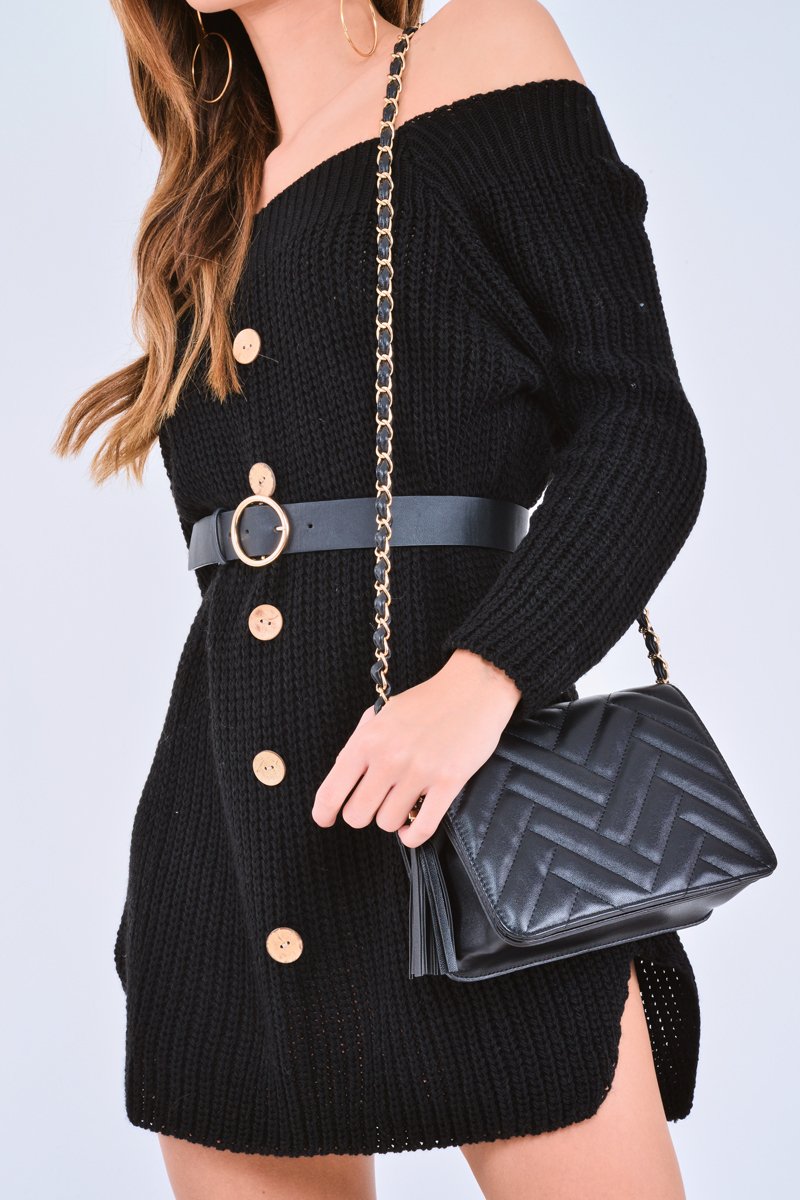 Black Bardot Button Front Chunky Knit Jumper Dress - Syanna-Dresses