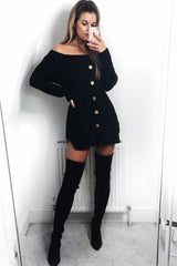 Black Bardot Button Front Chunky Knit Jumper Dress - Syanna-Dresses
