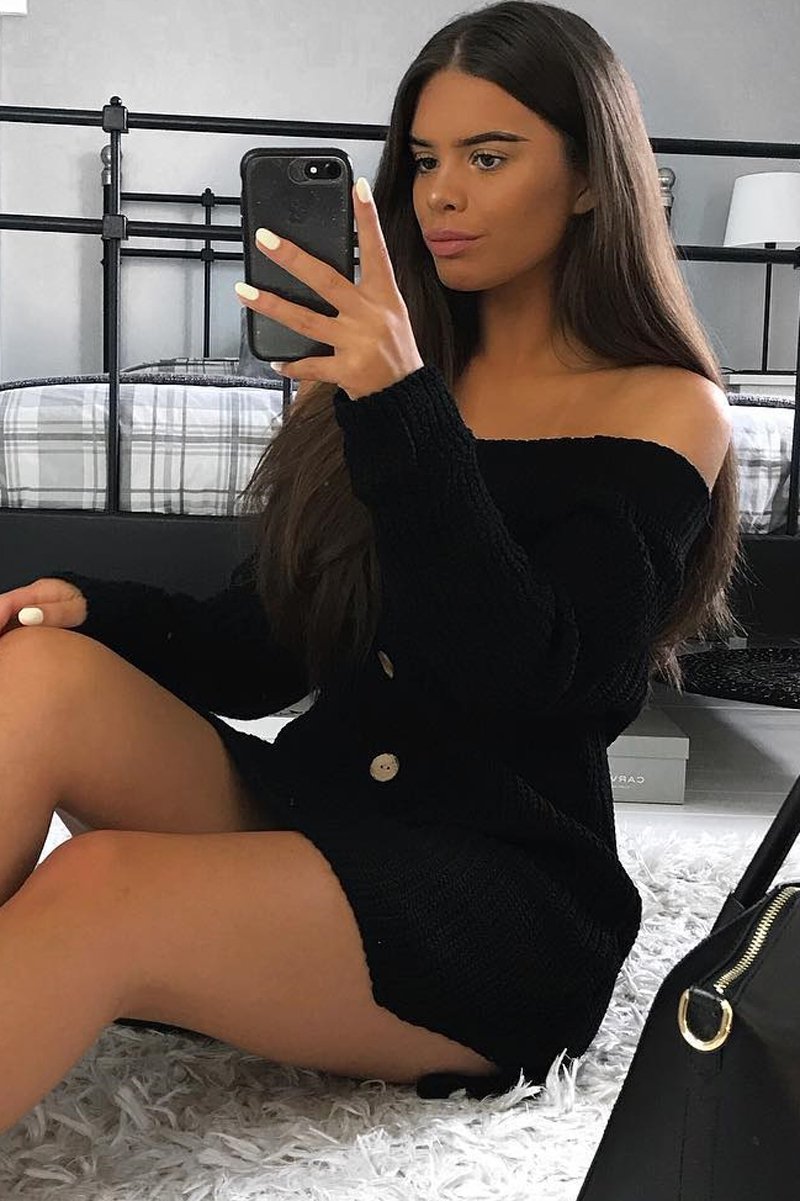 Black Bardot Button Front Chunky Knit Jumper Dress - Syanna-Dresses