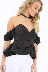 Black Bardot Corset Ruffle Sleeve Top - Shannen-Tops