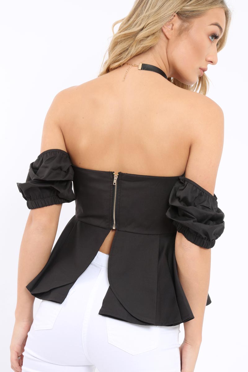 Black Bardot Corset Ruffle Sleeve Top - Shannen-Tops