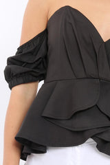 Black Bardot Corset Ruffle Sleeve Top - Shannen-Tops
