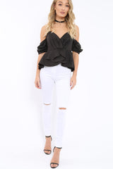 Black Bardot Corset Ruffle Sleeve Top - Shannen-Tops