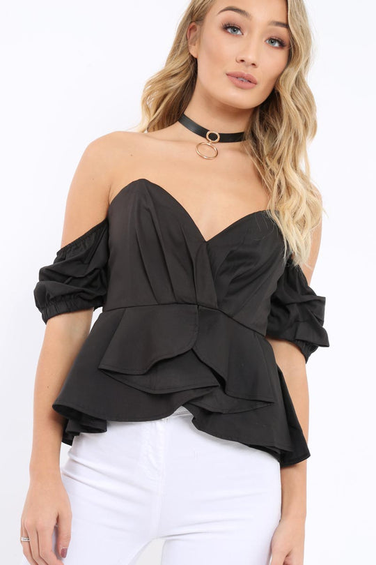 Black Bardot Corset Ruffle Sleeve Top - Shannen