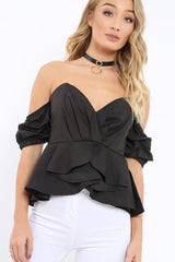 Black Bardot Corset Ruffle Sleeve Top - Shannen-Tops