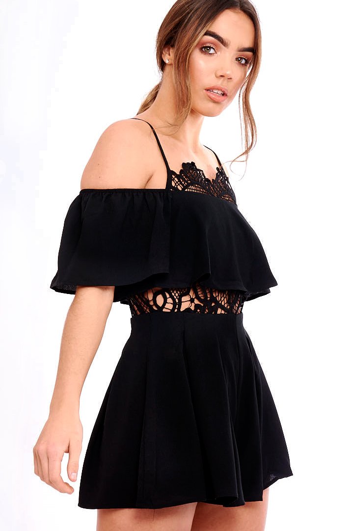 Black Bardot Crochet Frill Playsuit - Jenner-Playsuits