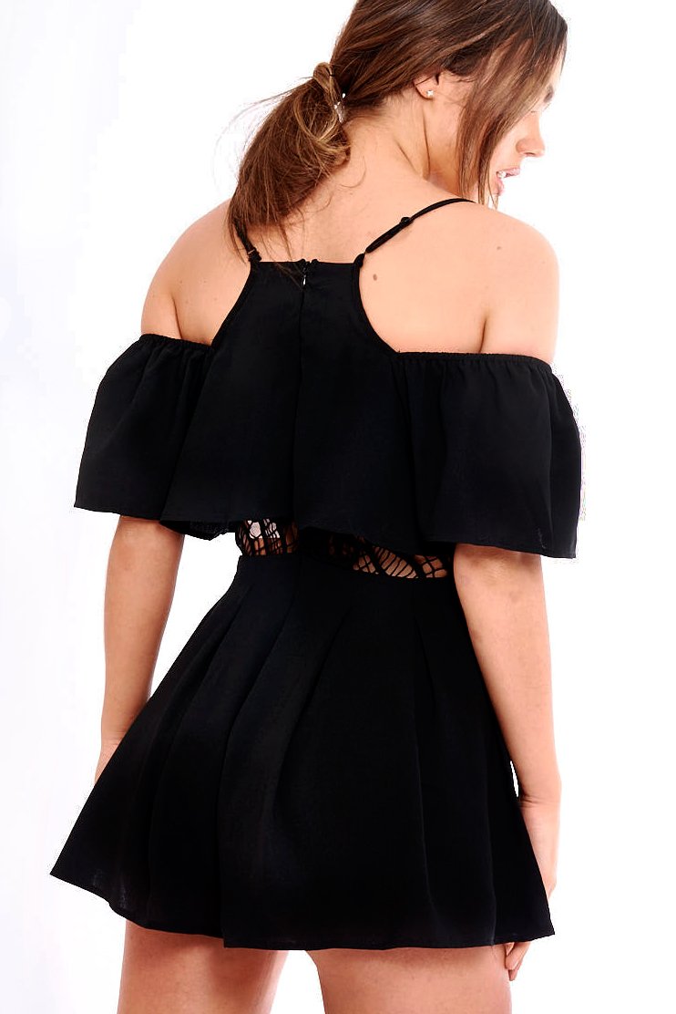 Black Bardot Crochet Frill Playsuit - Jenner-Playsuits