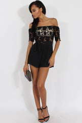Black Bardot Crochet Playsuit - Wynn-Playsuits