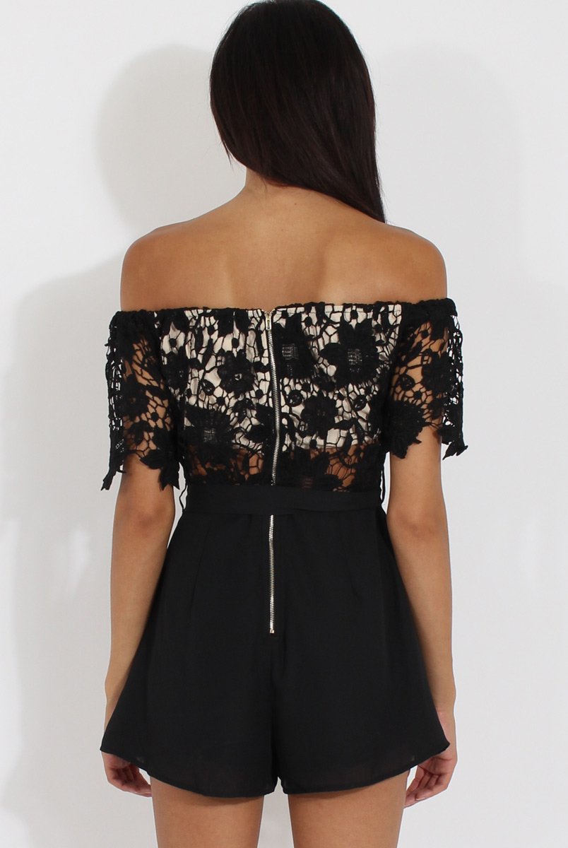 Black Bardot Crochet Playsuit - Wynn-Playsuits