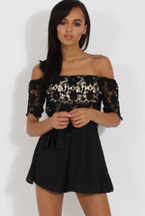 Black Bardot Crochet Playsuit - Wynn-Playsuits