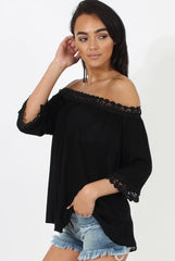Black Bardot Crochet Top - Aliza-Tops