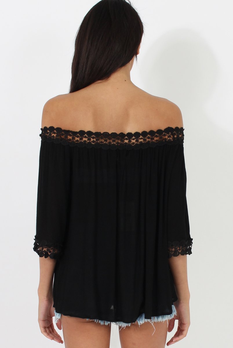 Black Bardot Crochet Top - Aliza-Tops