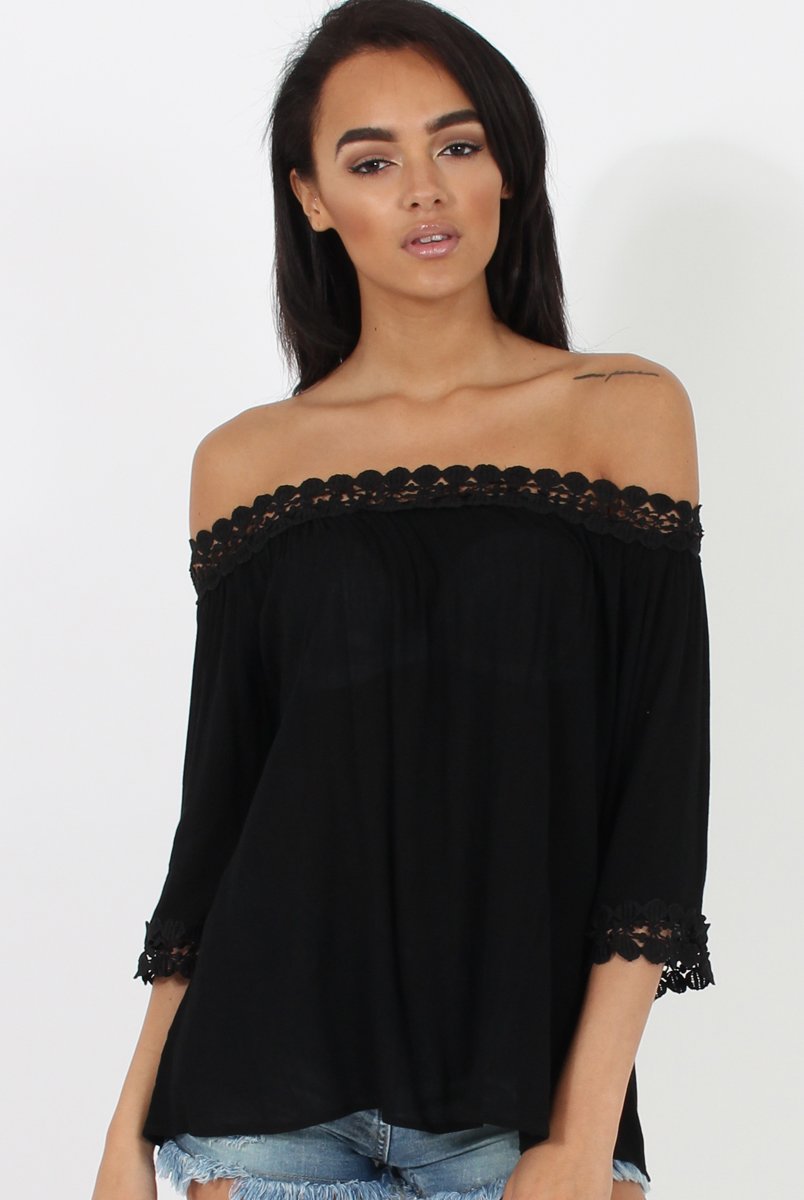 Black Bardot Crochet Top - Aliza-Tops