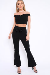 Black Bardot Crop Top and Flare Trousers Co-ord - Cacie-Co-ords