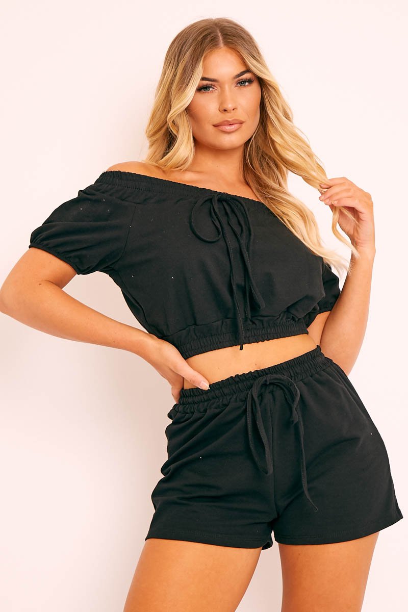 Black Bardot Crop and Shorts Loungewear Co-ord - Jahari-Co-ords
