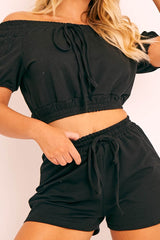 Black Bardot Crop and Shorts Loungewear Co-ord - Jahari-Co-ords