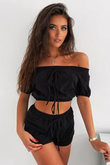 Black Bardot Crop and Shorts Loungewear Co-ord - Jahari-Co-ords
