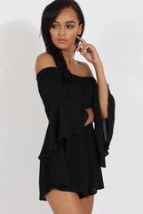 Black Bardot Cropped Bell Sleeve Playsuit - Fabiana-Playsuits