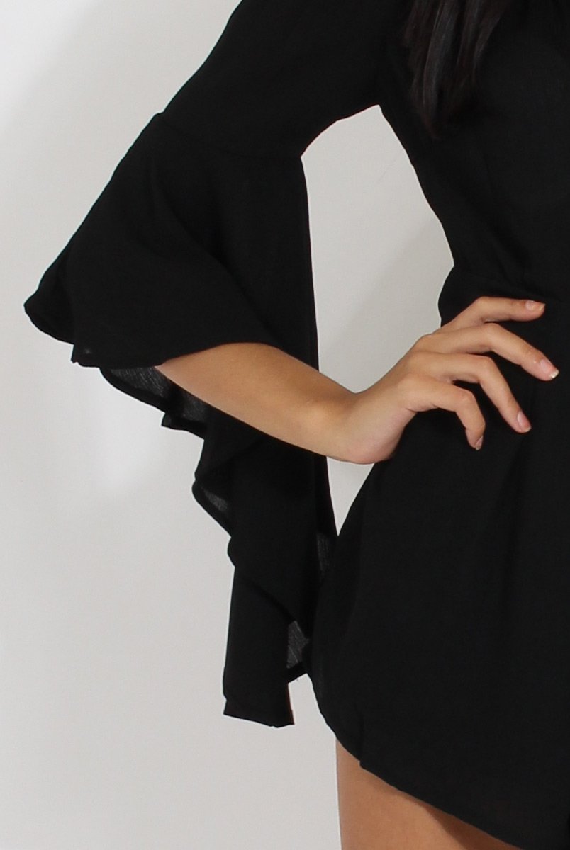 Black Bardot Cropped Bell Sleeve Playsuit - Fabiana-Playsuits