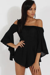 Black Bardot Cropped Bell Sleeve Playsuit - Fabiana-Playsuits