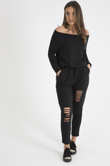 Black Bardot Distressed Jumpsuit - Bethan-Jumpsuits