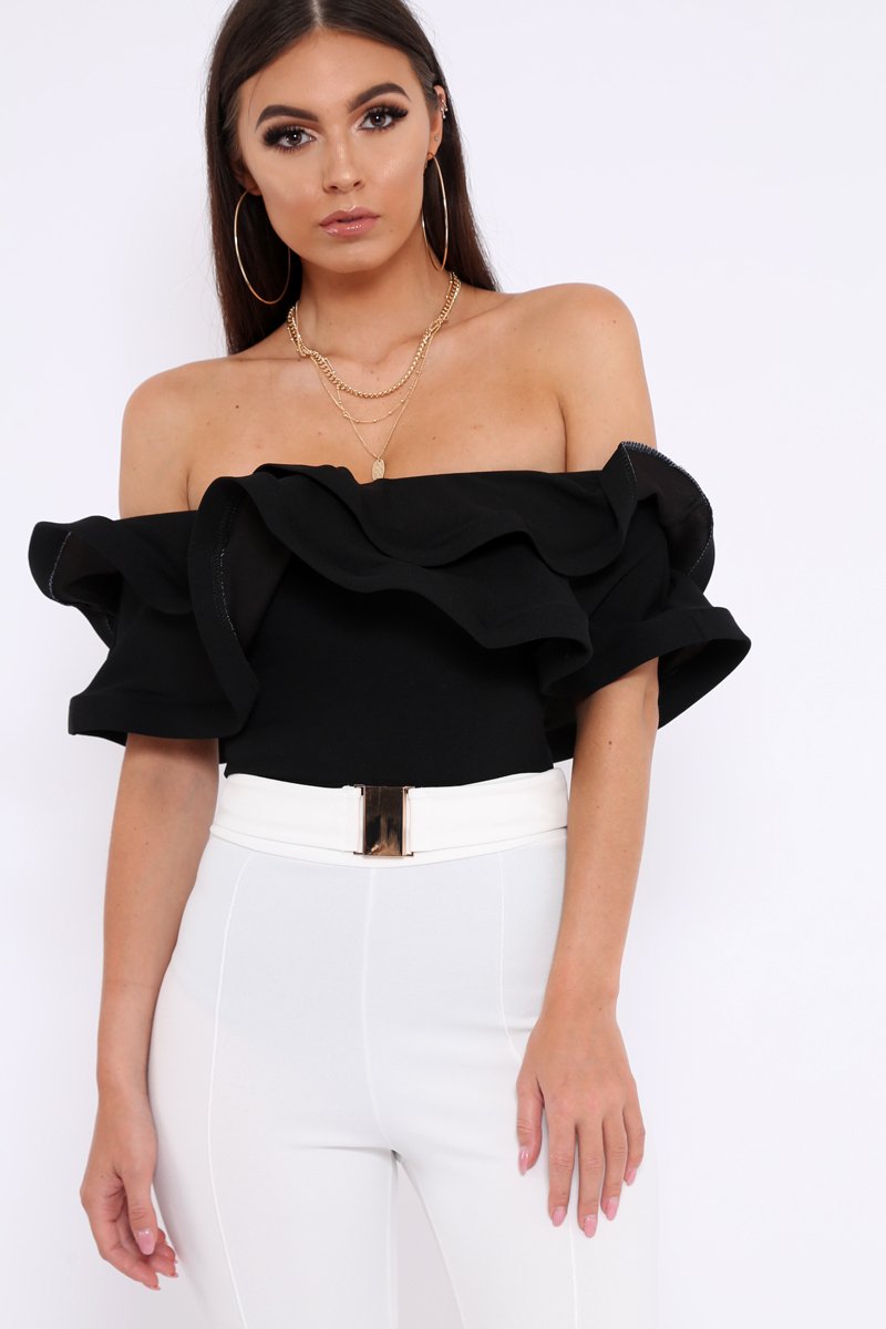 Black Bardot Extreme Frill Bodysuit - Diandra-Bodysuits