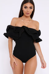 Black Bardot Extreme Frill Bodysuit - Diandra-Bodysuits