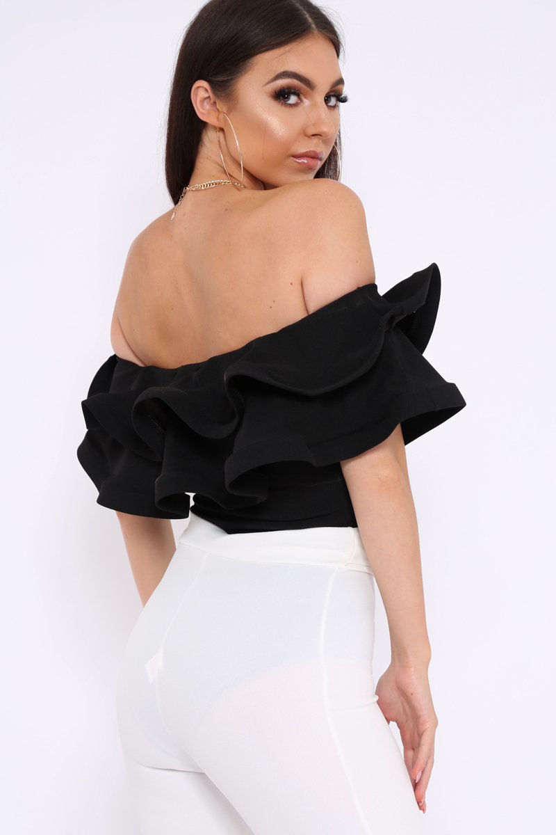 Black Bardot Extreme Frill Bodysuit - Diandra-Bodysuits