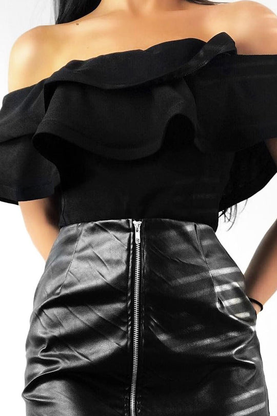 Black Bardot Extreme Frill Bodysuit - Diandra