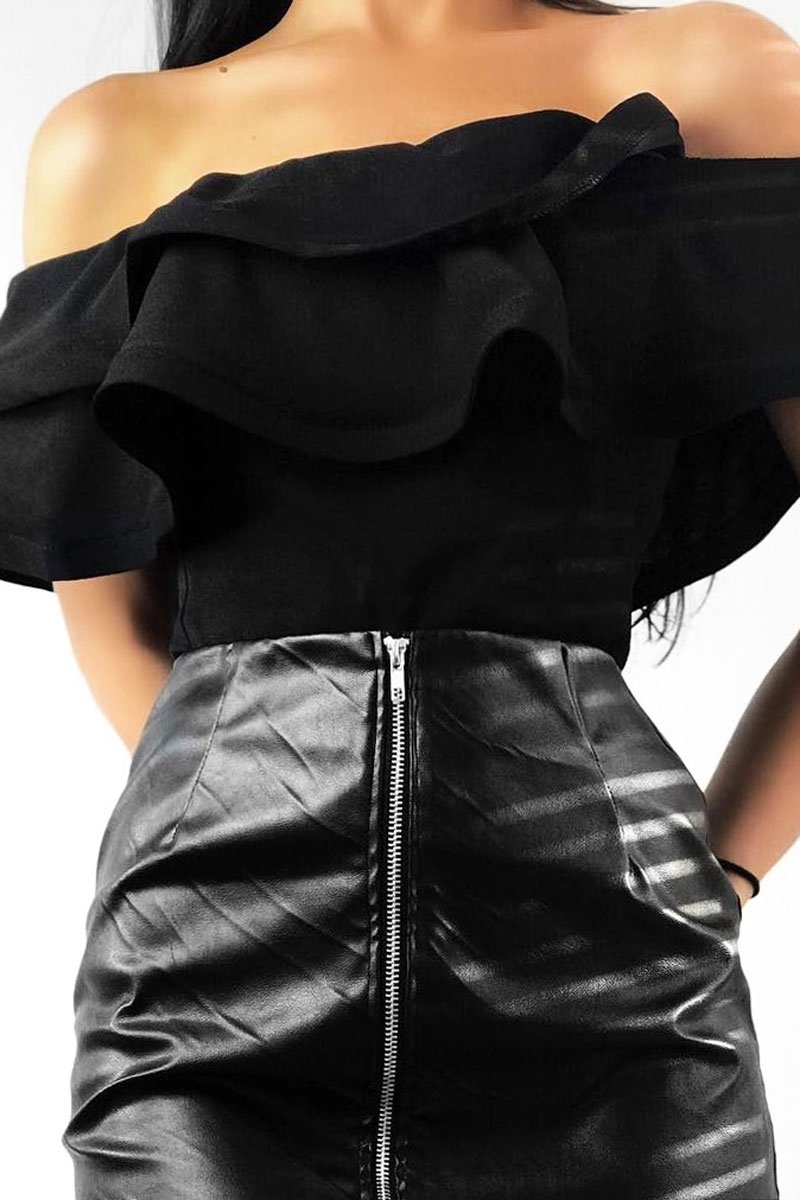 Black Bardot Extreme Frill Bodysuit - Diandra-Bodysuits