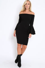Black Bardot Flared Sleeve Dress - Ebony-Dresses