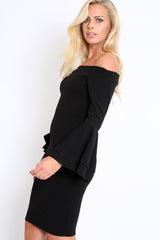 Black Bardot Flared Sleeve Dress - Ebony-Dresses