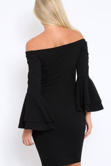 Black Bardot Flared Sleeve Dress - Ebony-Dresses