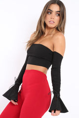 Black Bardot Frill Bell Sleeve Crop Top - Cobie-Crop Tops