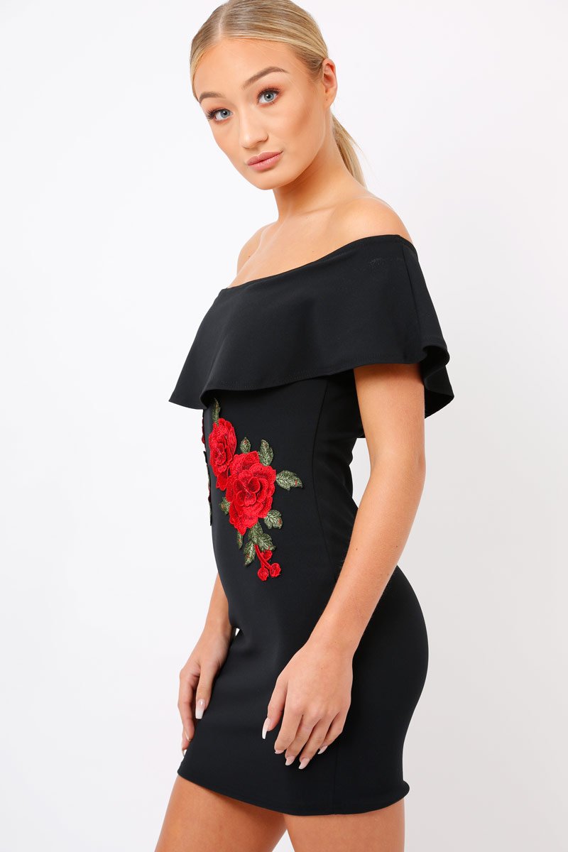 Black Bardot Frill Bodycon Applique Dress - Leticia-Dresses