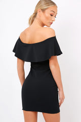 Black Bardot Frill Bodycon Applique Dress - Leticia-Dresses