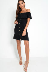 Black Bardot Frill Button Front Dress - Julissa-Dresses