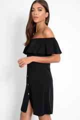 Black Bardot Frill Button Front Dress - Julissa-Dresses