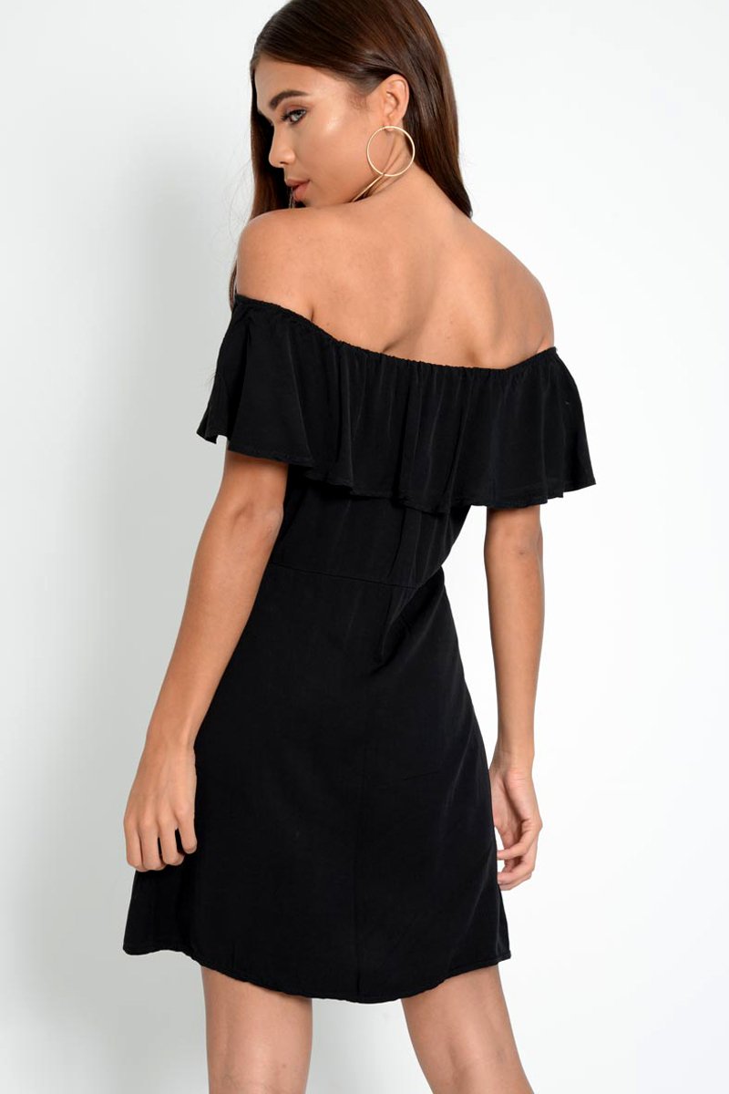Black Bardot Frill Button Front Dress - Julissa-Dresses
