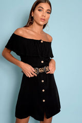 Black Bardot Frill Button Front Dress - Julissa-Dresses