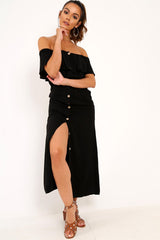 Black Bardot Frill Button Front Midi Dress - Clancy-Dresses
